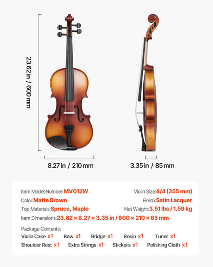 Violin 4/4 355mm Full Size Fiddle Set Solidwood for Beginner Matte Brown