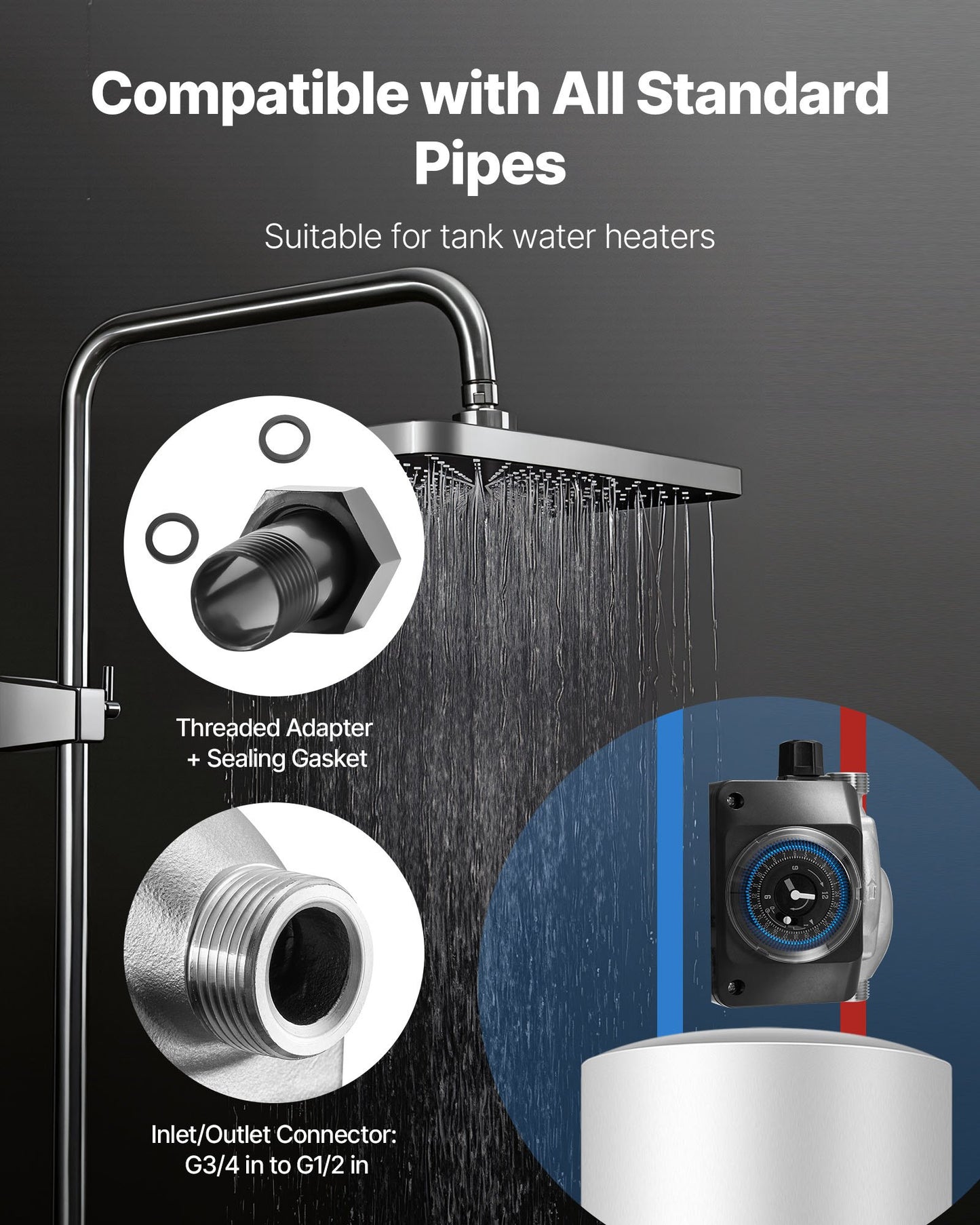 Varmvattencirkulationspump, med timer, 38 LPM omedelbar recirkulationspumpsats, cirkulationscirkulatorsystem, 100W AC 220-240V, G3/4 tum till G1/2 tum-kontakt, för panna solvärmare