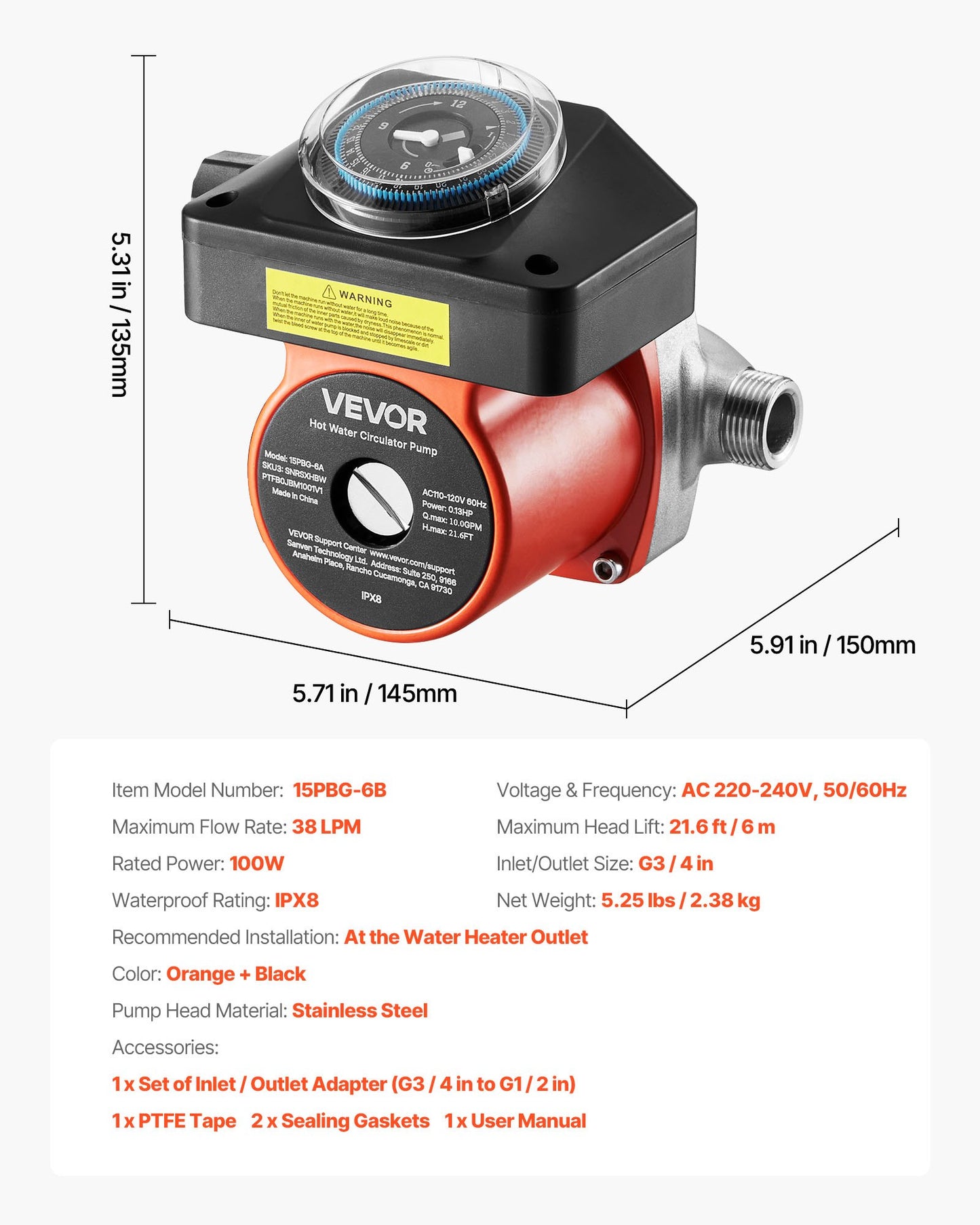 Varmvattencirkulationspump, med timer, 38 LPM omedelbar recirkulationspumpsats, cirkulationscirkulatorsystem, 100W AC 220-240V, G3/4 tum till G1/2 tum-kontakt, för panna solvärmare