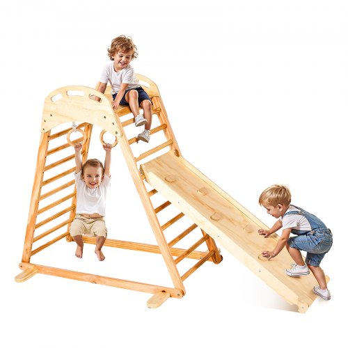 Indoor Playground Jungle Gym, 4-in-1 Wooden Indoor Playground Climbing Toys for Kids, Montessori Toddlers Climber Playset with Climbing Rock, Slide, Wooden Ladder & Gym Rings, 100KG Loading
