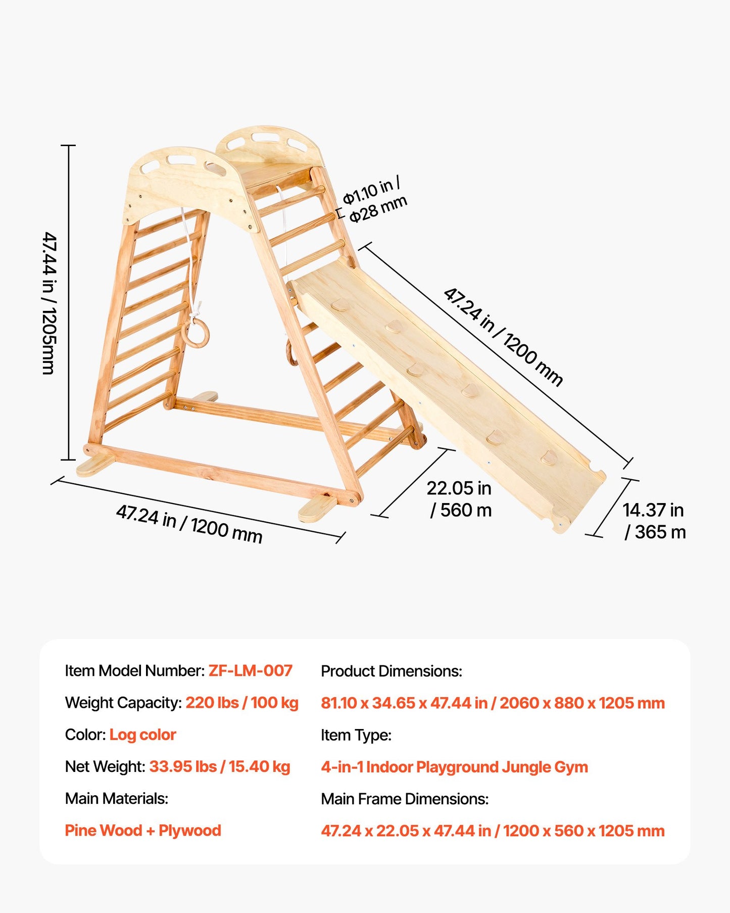Indoor Playground Jungle Gym, 4-in-1 Wooden Indoor Playground Climbing Toys for Kids, Montessori Toddlers Climber Playset with Climbing Rock, Slide, Wooden Ladder & Gym Rings, 100KG Loading