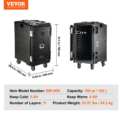 Isolerad matlåda, 120 liters värmelåda för catering, LLDPE-matlåda med dubbla spännen, frontmatad matvärmare med handtag, ändmatare med hjul för restaurang, matsal, etc.