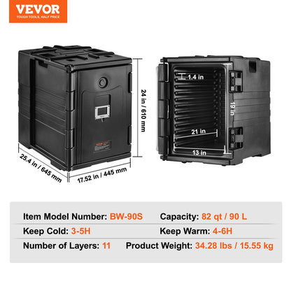 Isolerad matlåda, 90 liters värmelåda för catering, LLDPE-matlåda med dubbla spännen, frontmatad matvärmare med handtag, stapelbar ändmatare för restaurang, matsal etc. Svart