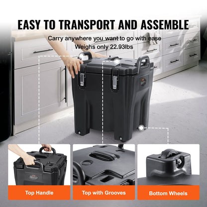 Isolerad matbehållare, 32 liters kapacitet, stapelbar cateringvärmelåda med rostfritt stålfat, toppmatad LLDPE-matvärmare med integrerade handtag, spännen och stationär bas, för restaurangmatsal, B