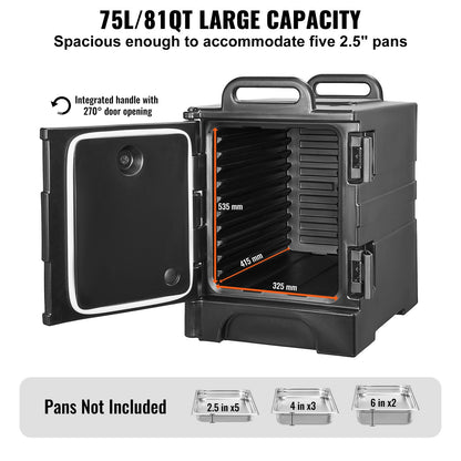 Isolerad matlåda, 81 qt värmelåda för catering, matlåda med dubbla spännen, frontmatad matvärmare med handtag, stapelbar ändmatare för restaurang, kantin