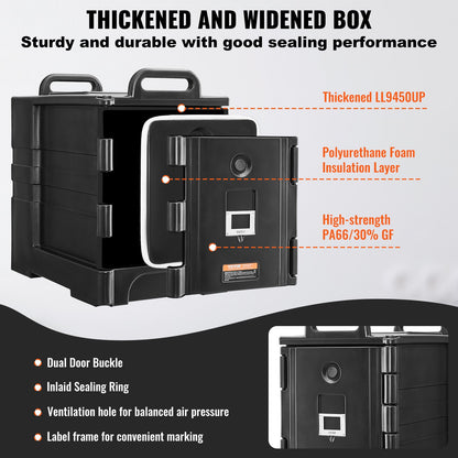 Isolerad matlåda, 81 qt värmelåda för catering, matlåda med dubbla spännen, frontmatad matvärmare med handtag, stapelbar ändmatare för restaurang, kantin