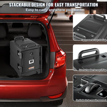 Isolerad matlåda, 81 qt värmelåda för catering, matlåda med dubbla spännen, frontmatad matvärmare med handtag, stapelbar ändmatare för restaurang, kantin