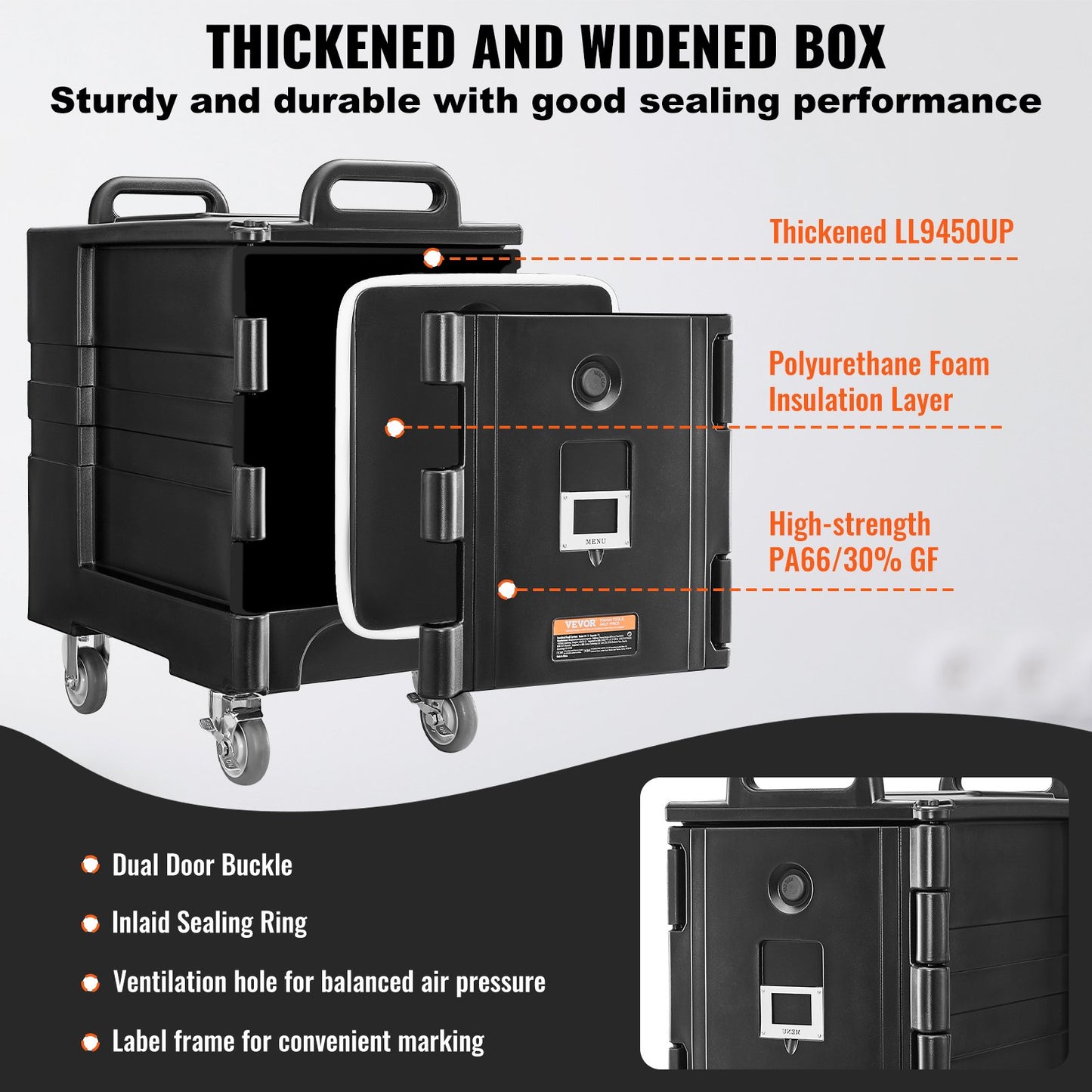 Isolerad matlåda, 81 qt värmelåda för catering, matlåda med dubbla spännen, frontmatad matvärmare med handtag, stapelbar ändmatare med hjul för restaurang, kantin
