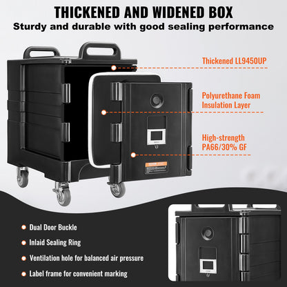 Isolerad matlåda, 81 qt värmelåda för catering, matlåda med dubbla spännen, frontmatad matvärmare med handtag, stapelbar ändmatare med hjul för restaurang, kantin