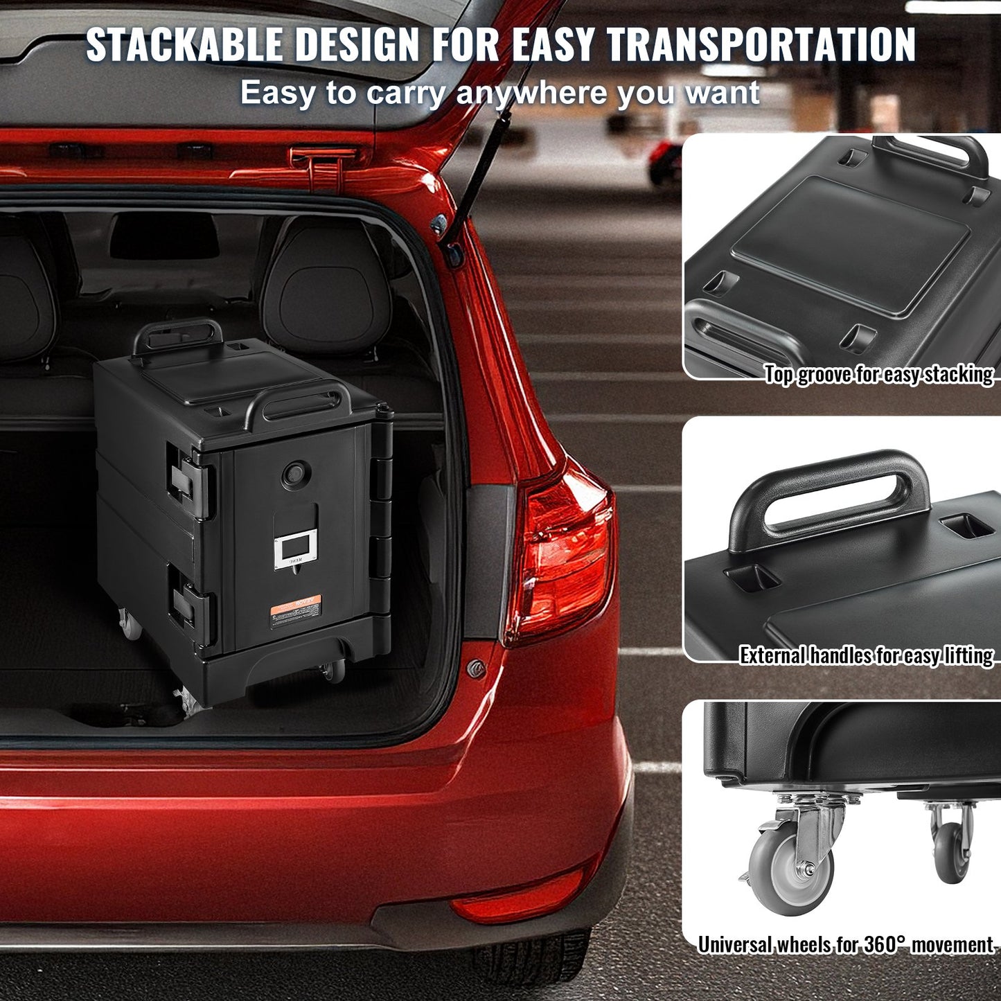 Isolerad matlåda, 81 qt värmelåda för catering, matlåda med dubbla spännen, frontmatad matvärmare med handtag, stapelbar ändmatare med hjul för restaurang, kantin