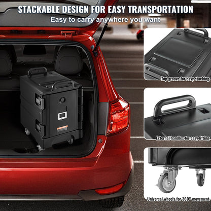 Isolerad matlåda, 81 qt värmelåda för catering, matlåda med dubbla spännen, frontmatad matvärmare med handtag, stapelbar ändmatare med hjul för restaurang, kantin