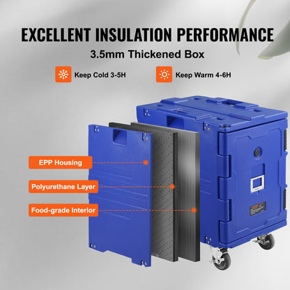 Isolerad matlåda, 82 qt värmelåda för catering, LLDPE-matlåda med spänne i ett stycke, frontmatad matvärmare med handtag, ändmatare med hjul för restaurang, matsal, etc.