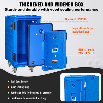 Isolerad matlåda, 127 qt värmelåda för catering, matlåda med dubbla spännen, frontmatad matvärmare med handtag, ändmatare med hjul för restaurang, kantin