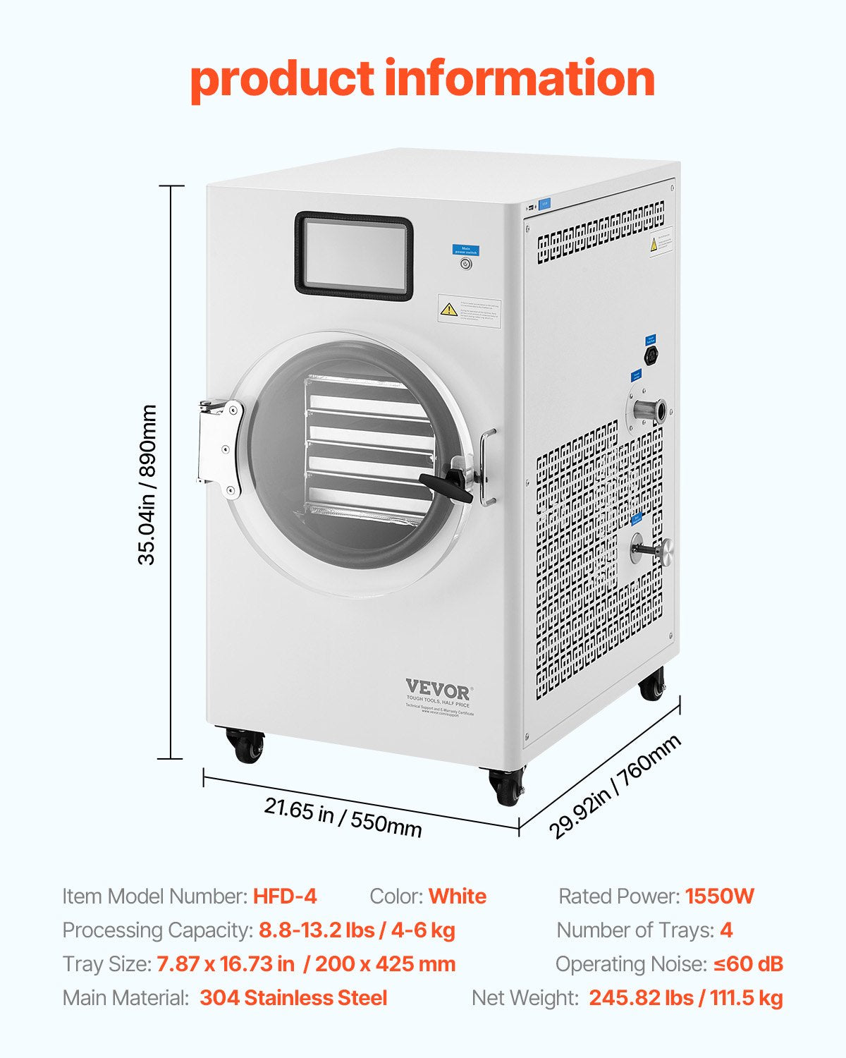 Vakuumfrystork, 8,8-13,2 lbs/batch frystorkmaskin för livsmedel med 4-lagers brickor, vakuumpump, justerbar timer och temperaturkontroll, för frukt, grönsaker och kött, vit