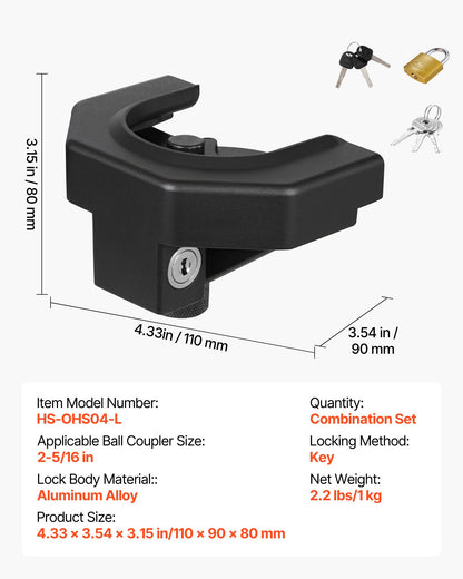 Trailer Hitch Lock Kit, Compatible with 58.7 mm Couplers, Heavy-Duty Anti-Theft Trailer Ball Lock with 3 Keys & Padlock, Prying-Resistant & Impact-Resistant, Fits for RVs, Boats, Trailers