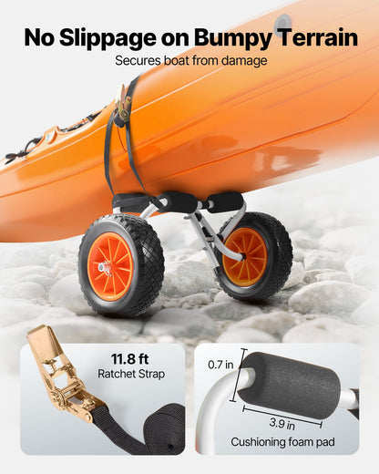 Kajakvagn, 90 kg lastkapacitet, hopfällbar kajakvagn med 25,4 cm massiva gummidäck och 1 spärrrem, paddelbrädevagn för att bära kajaker, kanoter, paddelbrädor, flytmattor, Jon Boats
