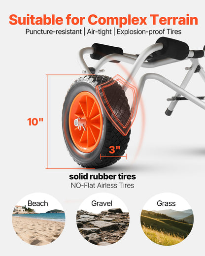 Kajakvagn, 113,4 kg lastkapacitet, hopfällbar kajakvagn med 25,4 cm massiva gummidäck och 1 spärrrem, paddelbrädevagn för att bära kajaker, kanoter, paddelbrädor, flytmattor, Jon Boats