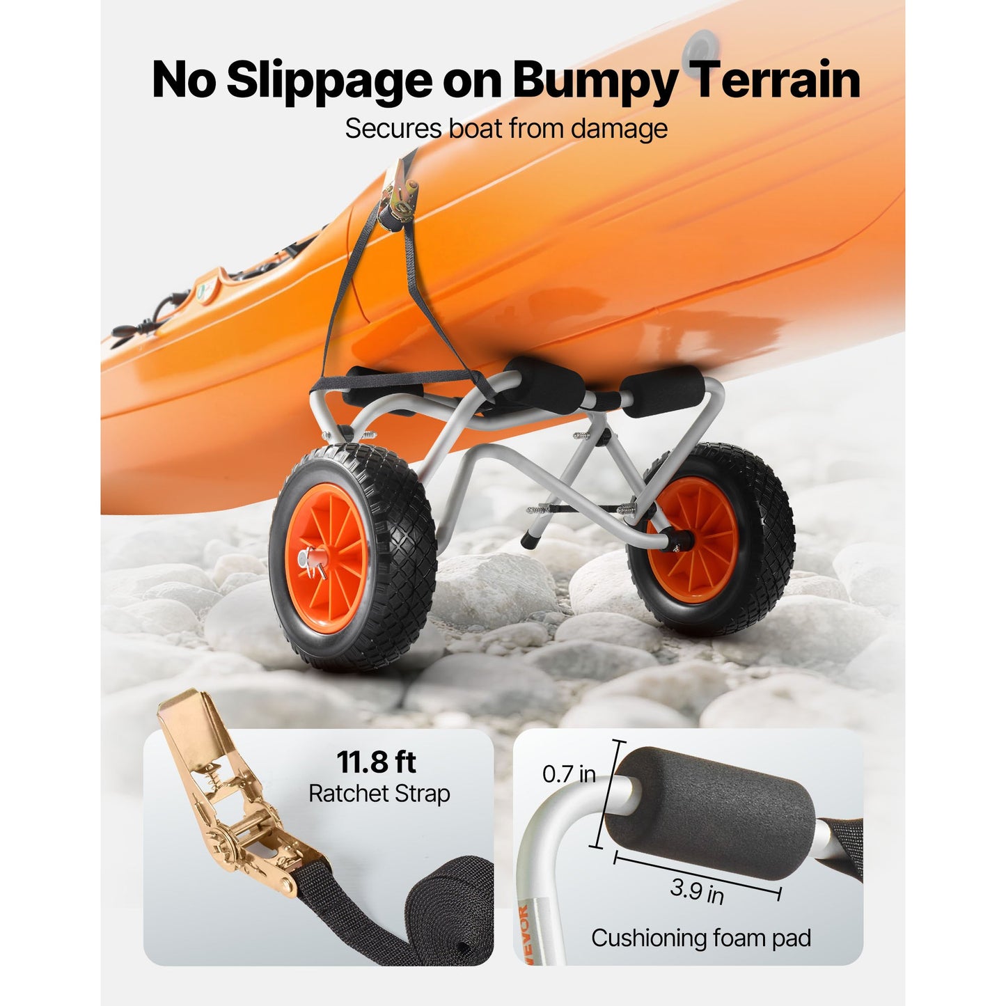 Kajakvagn, 113,4 kg lastkapacitet, hopfällbar kajakvagn med 25,4 cm massiva gummidäck och 1 spärrrem, paddelbrädevagn för att bära kajaker, kanoter, paddelbrädor, flytmattor, Jon Boats