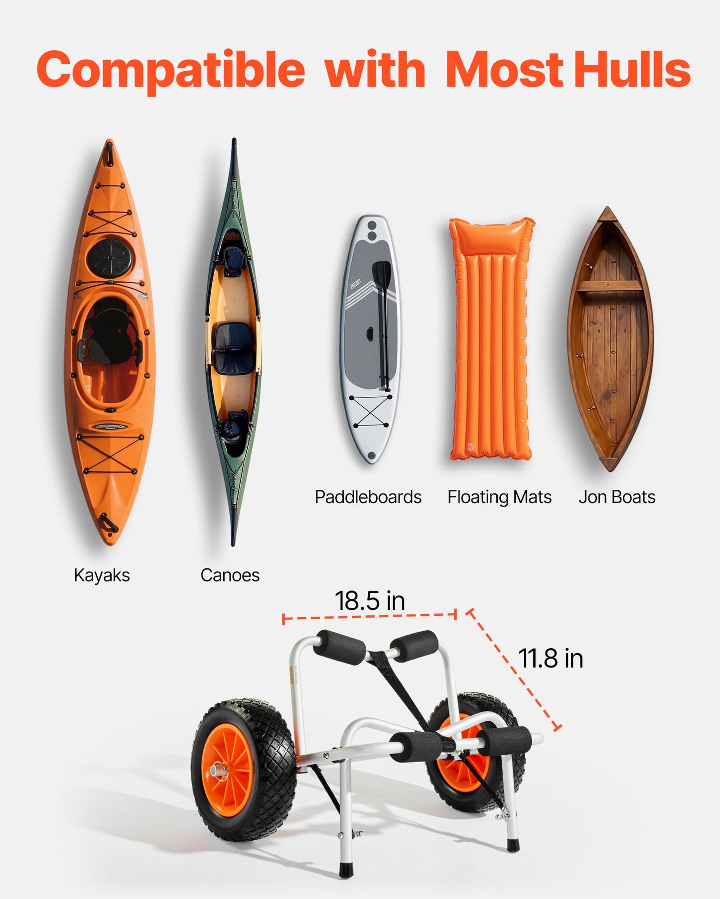 Kajakvagn, 113,4 kg lastkapacitet, hopfällbar kajakvagn med 25,4 cm massiva gummidäck och 1 spärrrem, paddelbrädevagn för att bära kajaker, kanoter, paddelbrädor, flytmattor, Jon Boats