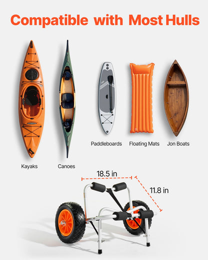 Kajakvagn, 113,4 kg lastkapacitet, hopfällbar kajakvagn med 25,4 cm massiva gummidäck och 1 spärrrem, paddelbrädevagn för att bära kajaker, kanoter, paddelbrädor, flytmattor, Jon Boats