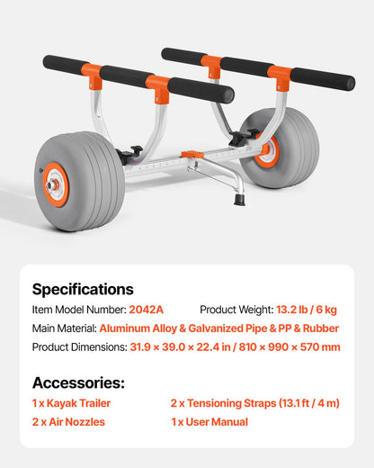Kajakvagn, 158,8 kg lastkapacitet, kajakvagn med 30,5 cm uppblåsbara PU-däck och 2 remmar, monteras och demonteras inom några sekunder, paddelbrädevagn för att bära kajaker och kanoter