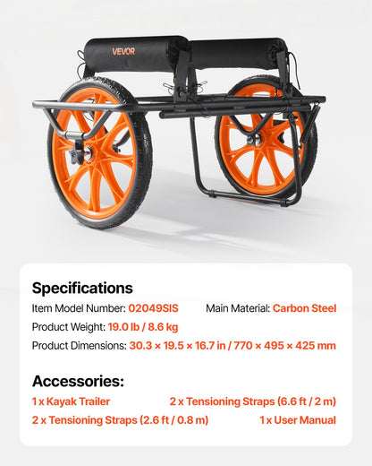 Kajakvagn, 149,7 kg lastkapacitet, kanotvagn med 38,1 cm massiva gummidäck och stöd, monteras och demonteras inom några sekunder, paddelbrädevagn för kajaker, kanoter, paddelbrädor