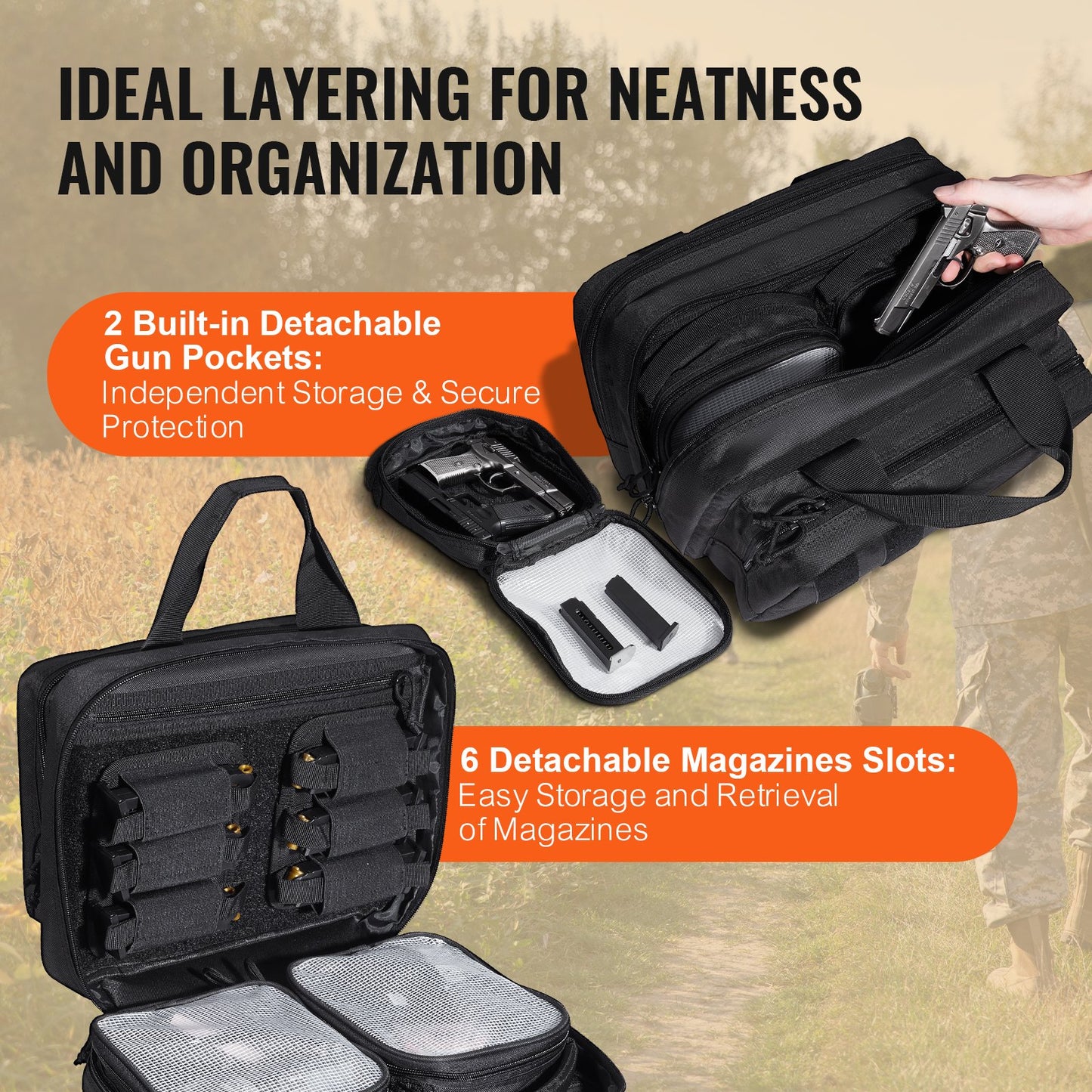 Skytteväska för 2 pistoler, taktisk vapenväska med 2 inbyggda avtagbara pistolväskor och 6 avtagbara magasin, skjutbana för utomhusjakt, låsbar bärväska för pistol, svart