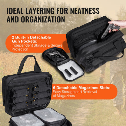 Skytteväska för 2 pistoler, taktisk vapenväska med 2 inbyggda avtagbara pistolväskor och 6 avtagbara magasin, skjutbana för utomhusjakt, låsbar bärväska för pistol, svart