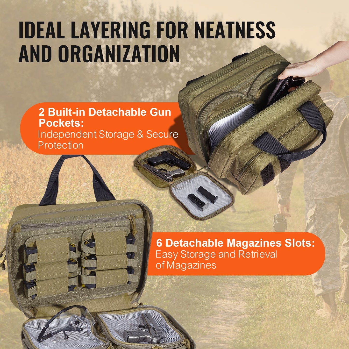 Skytteväska för 2 pistoler, taktisk vapenväska med 2 inbyggda avtagbara pistolväskor och 6 avtagbara magasin, skjutbana för utomhusjakt, låsbar bärväska för pistol, brun