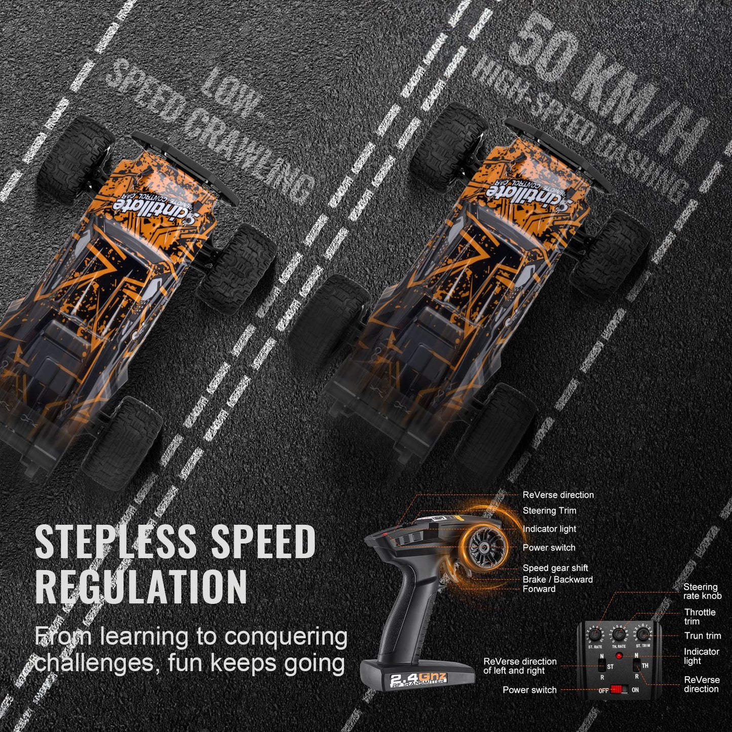Fjärrstyrd bil, skala 1:10, RC-bil för barn, terränggående fyrhjulsdrift med 45° ratt och justerbar hastighet, 50 km/h höghastighets hobby-racerbilleksak, perfekt present för barn från 8 år, IPX4