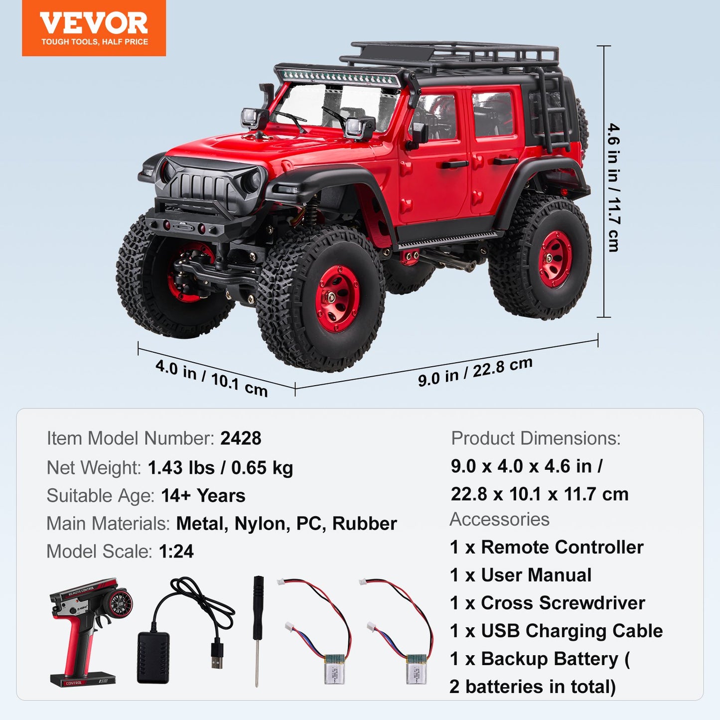 Fjärrstyrd bil, skala 1:24, radiostyrd bil för barn, terränggående fyrhjulsdrift med full belysning och 2 laddningsbara batterier, justerbar hobbyracerbil med 2 hastigheter, present till pojkar och flickor från 14 år