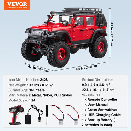 Fjärrstyrd bil, skala 1:24, radiostyrd bil för barn, terränggående fyrhjulsdrift med full belysning och 2 laddningsbara batterier, justerbar hobbyracerbil med 2 hastigheter, present till pojkar och flickor från 14 år
