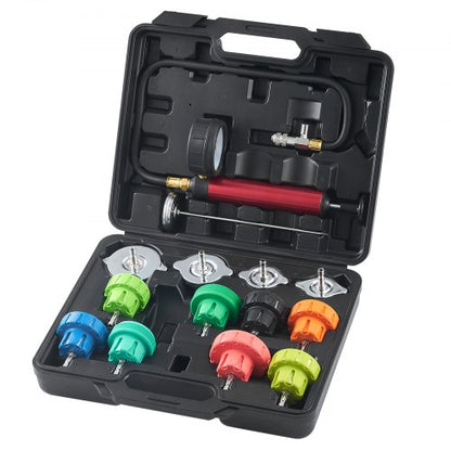 14 delar universal kylartrycksmätare, kylvätsketrycksmätare med manuell pump och färgkodade ståladapters för testlock, med verktygslåda, för bilar, motorcyklar, lastbilar och kylsystem