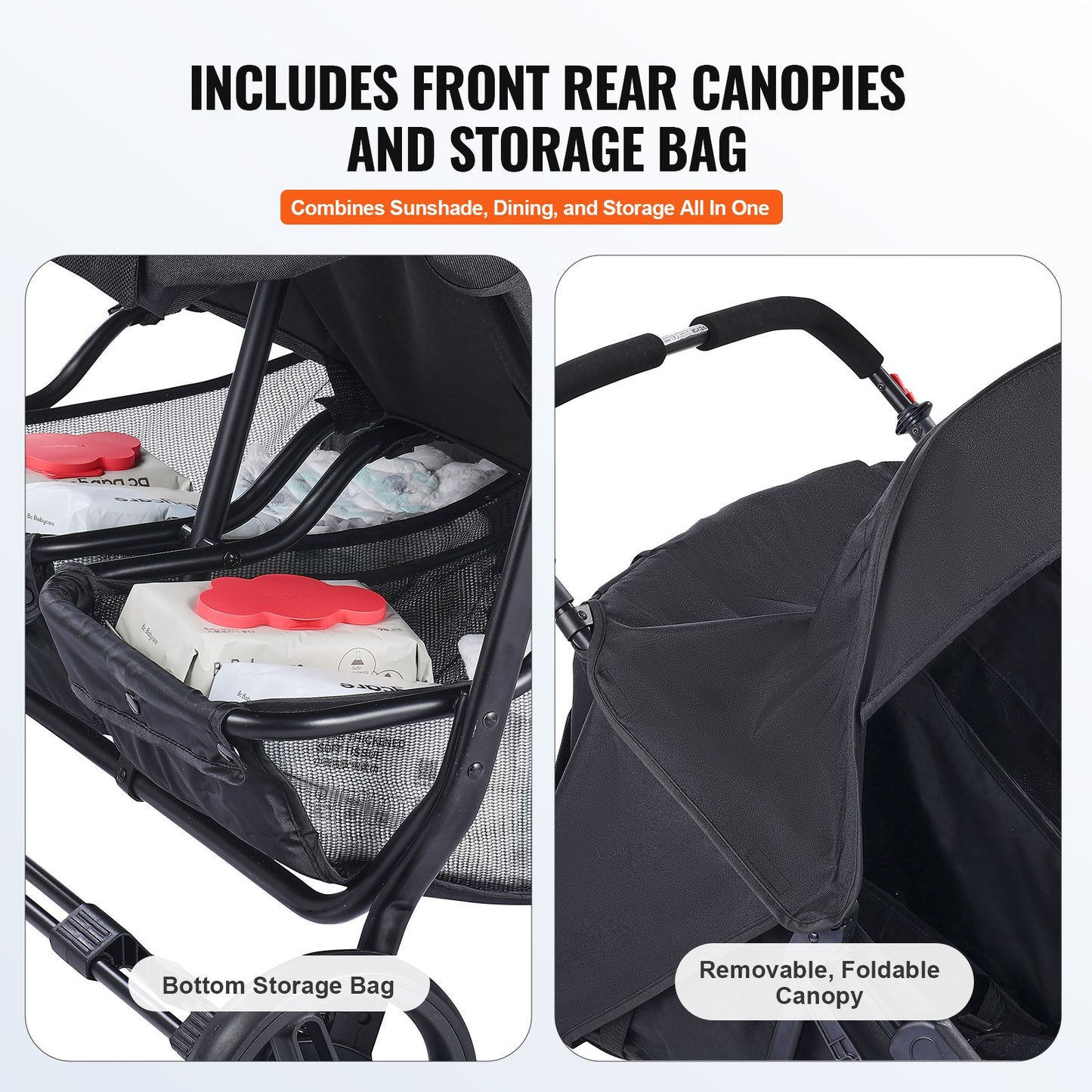 Dubbelvagn, sida x sida, hopfällbar lättviktig tvillingvagn med tandemsits, justerbart fotstöd/roterande handtag, säkerhetssele runtom, förvaringskorg, för nyfödda och småbarn (svart)