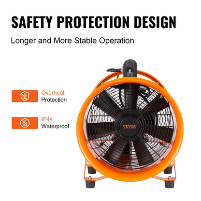 30,5 cm bärbar fläkt, 2 hastigheter 2894 CFM höghastighets industriell fläkt med 10 m flexibel slang, axial frånluftsfläkt för källare, verkstäder, lager, orange