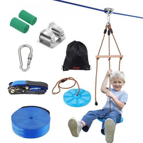 Zipline-kit för barn och vuxna, 15,5 meter långa zipline-kit upp till 227 kg, snabb uppsättning av zipline för utomhusbruk, lekplatsunderhållning med zipline, säkerhetssele i nylon, säte och styr