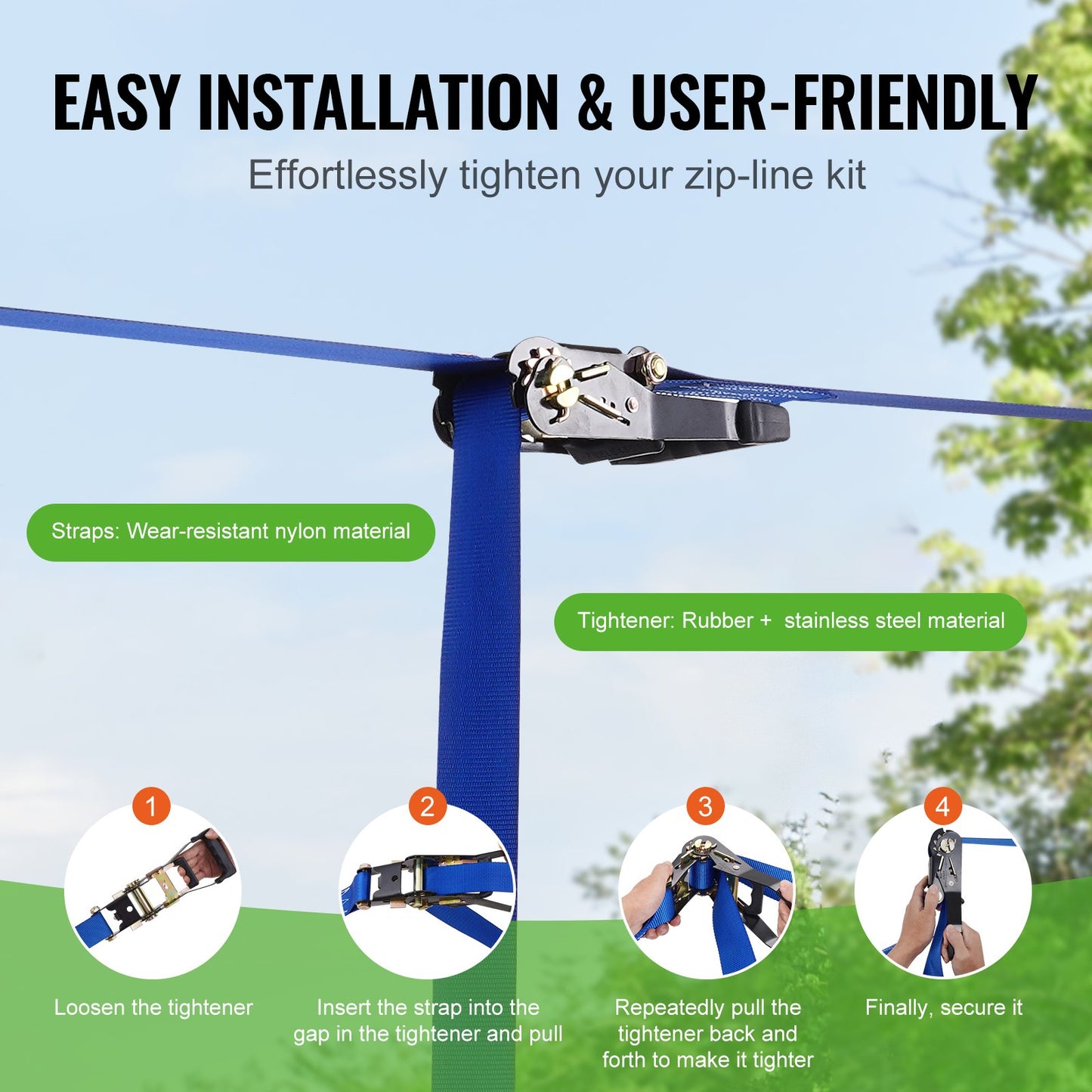 Zipline Kit for Kids and Adult, 52 ft Zip Line Kits Up to 500 lb, Backyard Outdoor Quick Setup Zipline, Playground Entertainment with Zipline, Nylon Safety Harness, Seat, and Handlebar