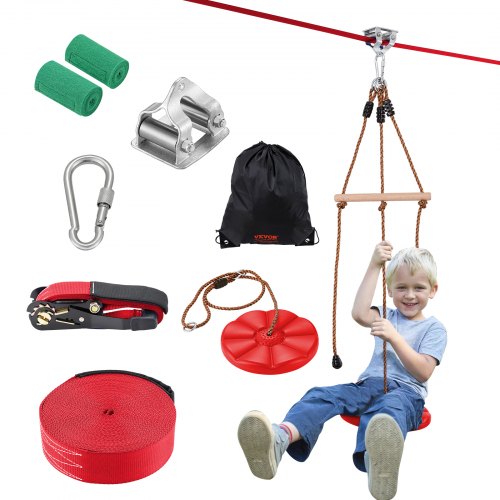 Zipline-kit för barn och vuxna, 65 fots zipline-kit upp till 500 lb, snabb uppsättning av zipline för bakgård och utomhusbruk, lekplatsunderhållning med zipline, säkerhetssele i nylon, säte och styre