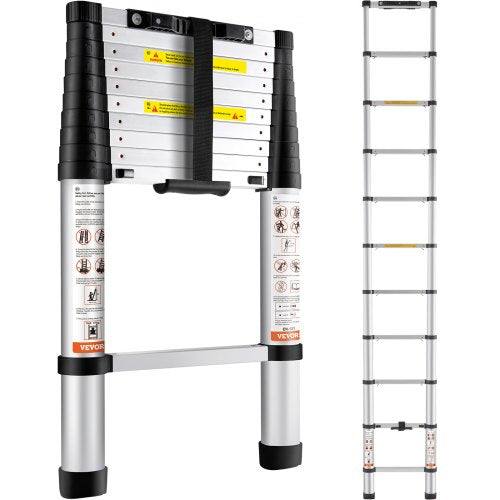 Teleskopstege, 320 cm aluminium, hopfällbar förlängningsstege med en knapptryckning, 170,1 kg kapacitet med halkfria fötter, bärbar multifunktionell kompaktstege för hem, husbil, loft, ANSI-listad