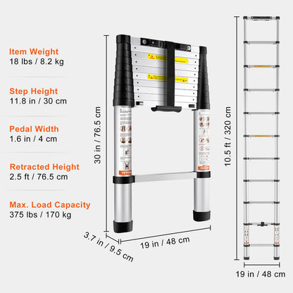 Teleskopstege, 320 cm aluminium, hopfällbar förlängningsstege med en knapptryckning, 170,1 kg kapacitet med halkfria fötter, bärbar multifunktionell kompaktstege för hem, husbil, loft, ANSI-listad