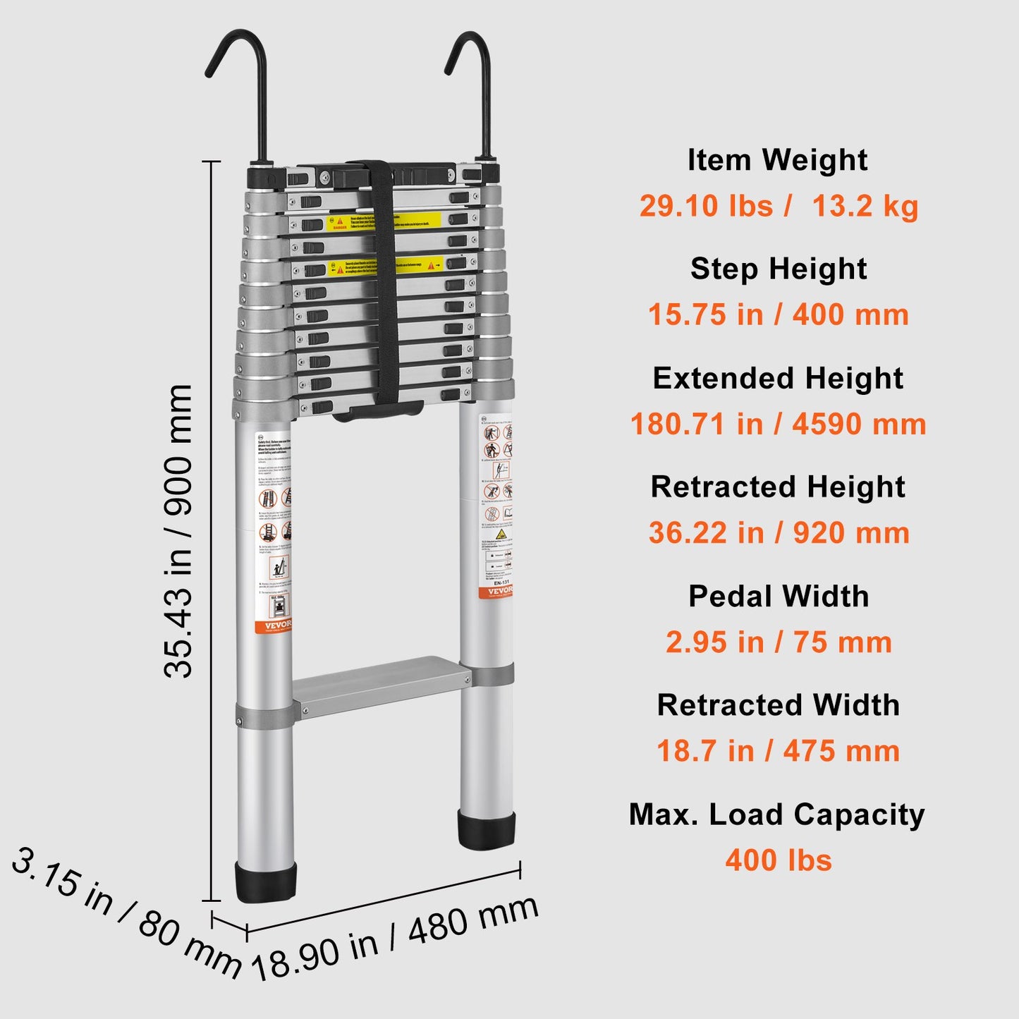 Teleskopisk stege i aluminium, förlängningssteg 457,2 cm, mångsidig, bärbar