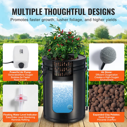 DWC Hydroponics Grow System, hydroponiskt odlingssystem med Top Drip Kit, 5-gallon djupvattenkultur med luftpump, luftsten och vattennivåanordning för bladgrönsaker (1 hink + Top Drip Kit)