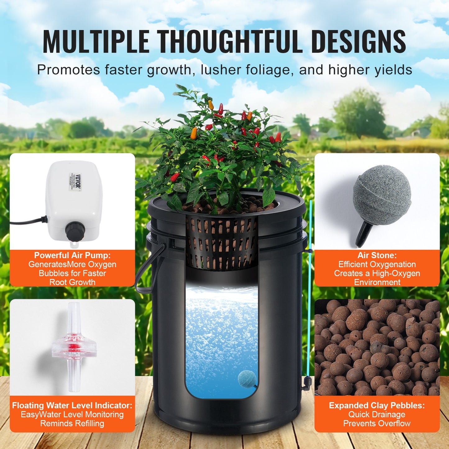 DWC Hydroponics Grow System, hydroponiskt odlingssystem med toppdroppskit, djupvattenkultur, 5-gallon, 2 hinkar, med luftpump, luftstenar och vattennivåanordning för bladgrönsaker
