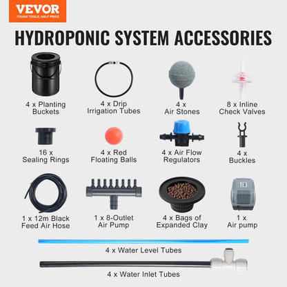 DWC Hydroponics Grow System, hydroponiskt odlingssystem med toppdroppskit, djupvattenkultur, 5-gallon, 4 hinkar, med luftpump, luftstenar och vattennivåanordning för bladgrönsaker