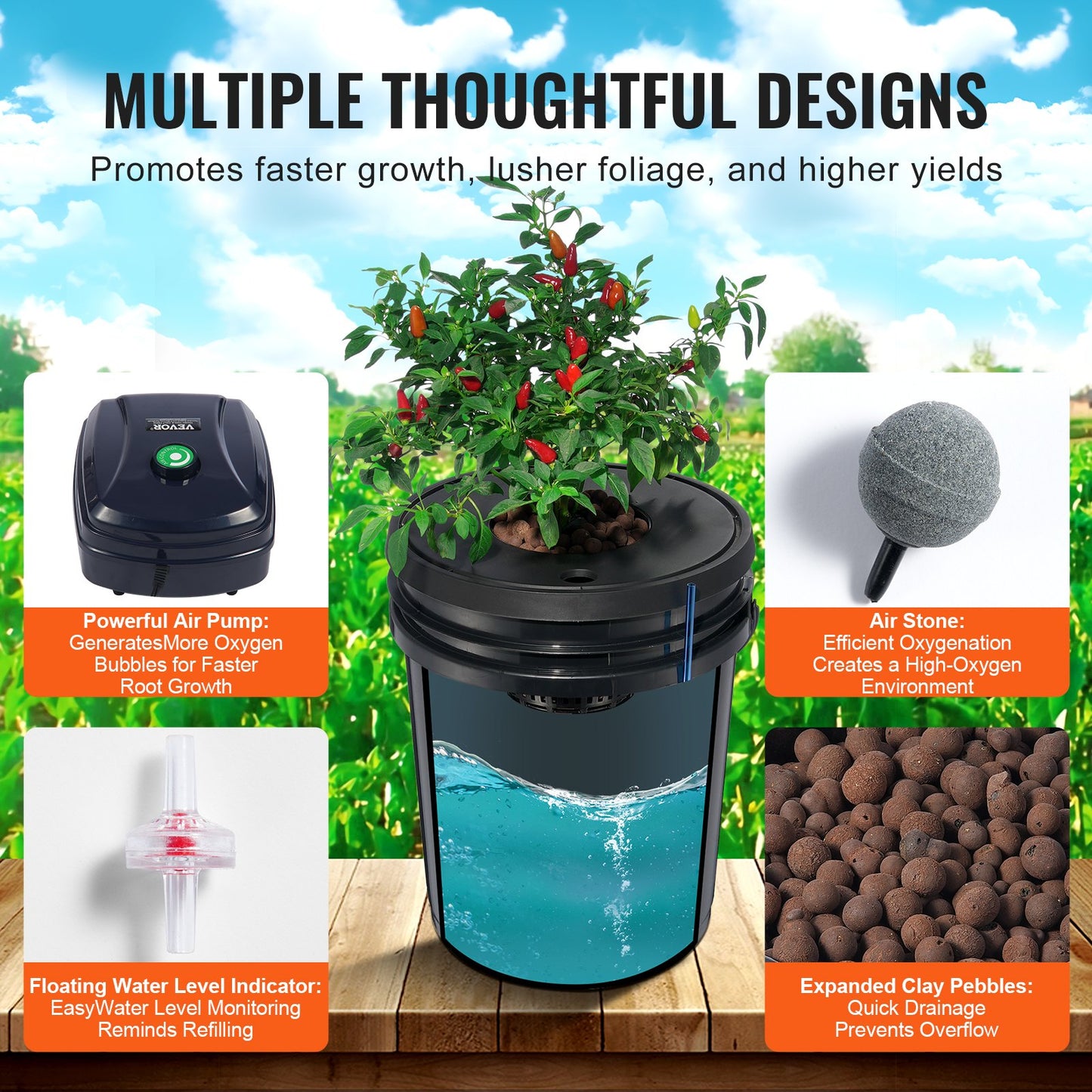 DWC hydroponiskt odlingssystem, hydroponiskt odlingssystem, djupvattenkultur, 5-gallon, 4 hinkar, DWC-system med luftpump, luftstenar och vattennivåanordning för bladgrönsaker