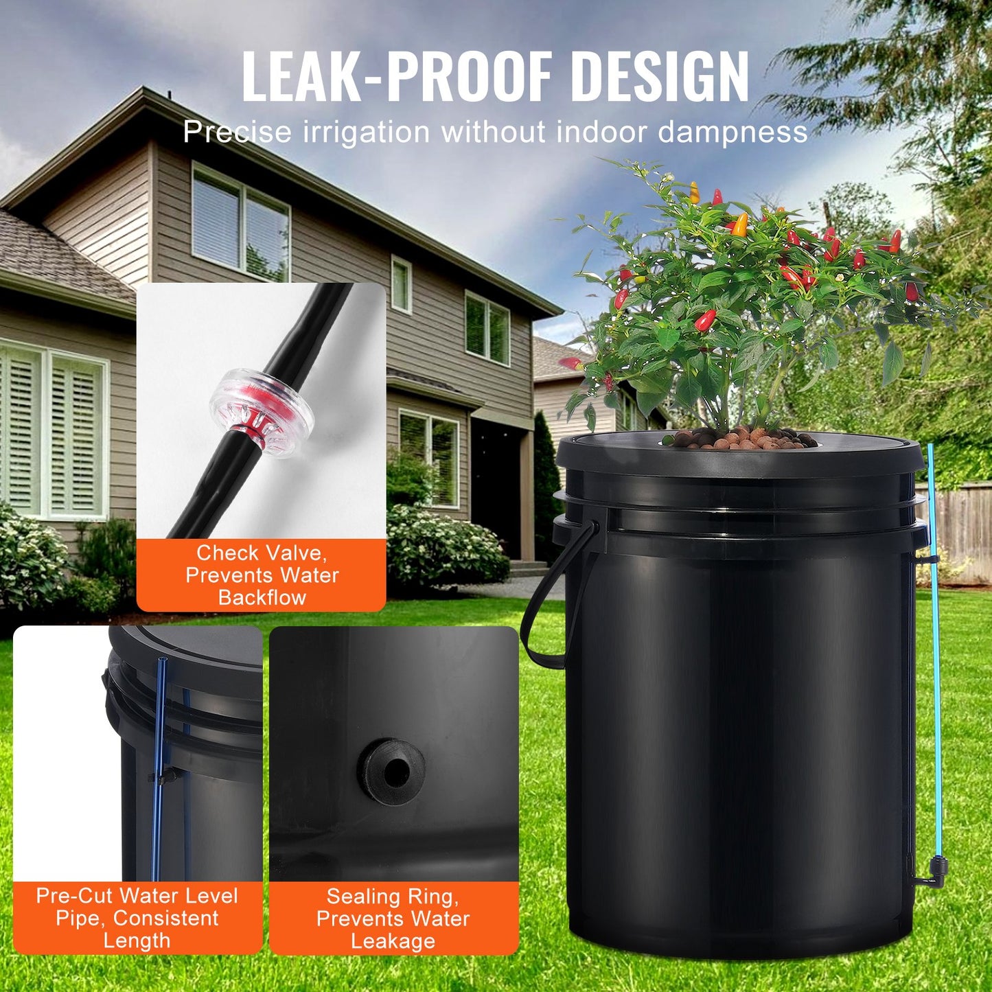 DWC hydroponiskt odlingssystem, hydroponiskt odlingssystem, djupvattenkultur, 5-gallon, 4 hinkar, DWC-system med luftpump, luftstenar och vattennivåanordning för bladgrönsaker