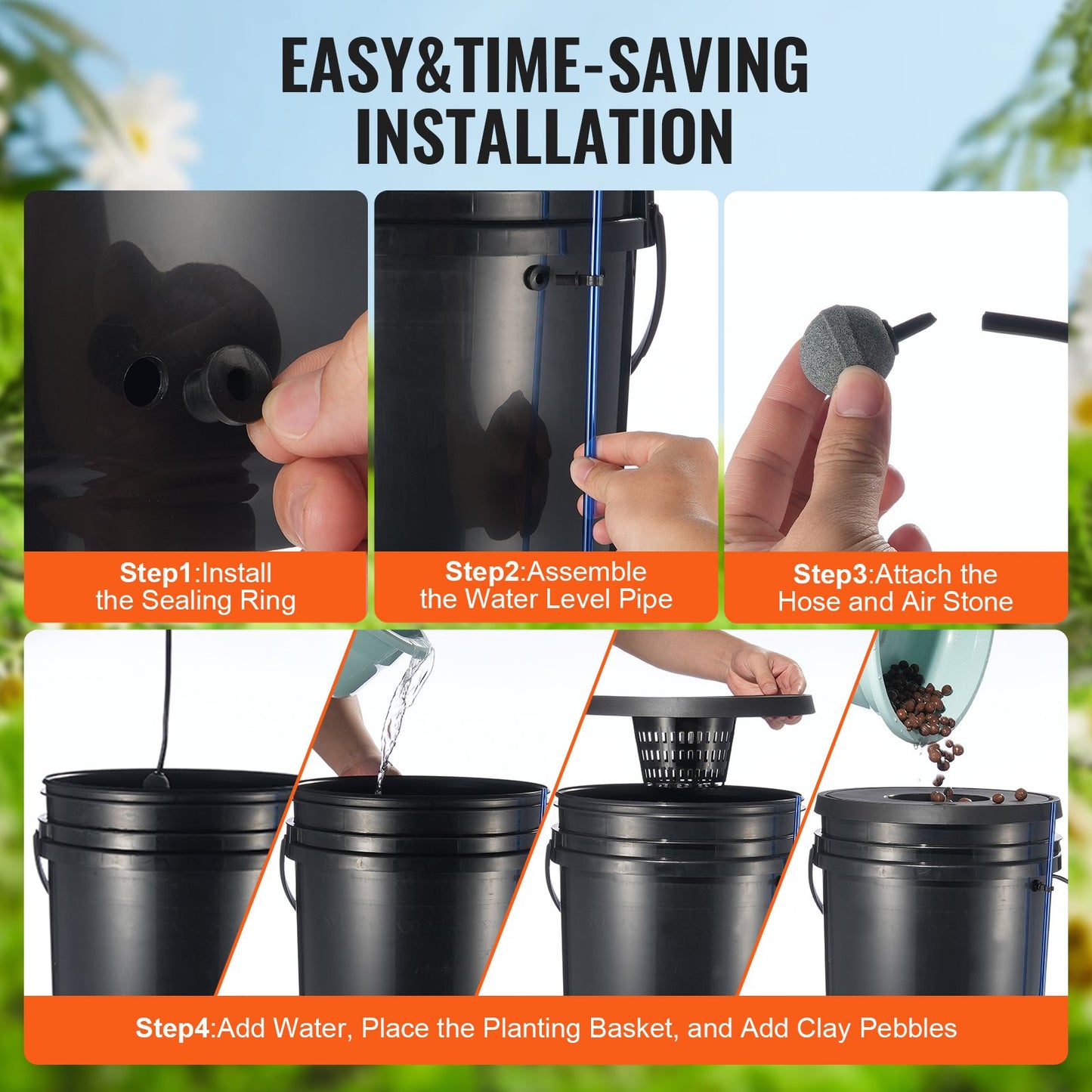 DWC hydroponiskt odlingssystem, hydroponiskt odlingssystem, djupvattenkultur, 5-gallon, 4 hinkar, DWC-system med luftpump, luftstenar och vattennivåanordning för bladgrönsaker