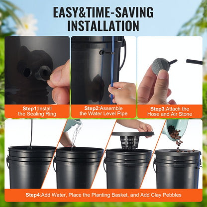 DWC hydroponiskt odlingssystem, hydroponiskt odlingssystem, djupvattenkultur, 5-gallon, 4 hinkar, DWC-system med luftpump, luftstenar och vattennivåanordning för bladgrönsaker