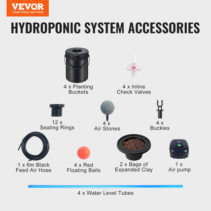 DWC hydroponiskt odlingssystem, hydroponiskt odlingssystem, djupvattenkultur, 5-gallon, 4 hinkar, DWC-system med luftpump, luftstenar och vattennivåanordning för bladgrönsaker