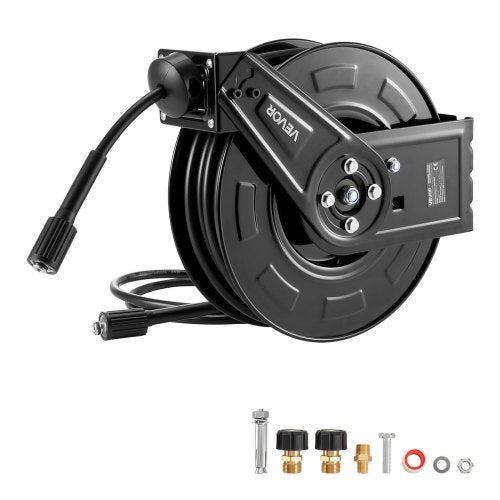 Pressure Washer Hose Reel, 18.3 m x 6.4 mm Retractable Power Heavy-Duty Steel Washer Hose Reel, 4000PSI Max, Auto-Rewinding, Flexible Wall/Floor Mounted for Car Washing,Garden,Floor Cleaning